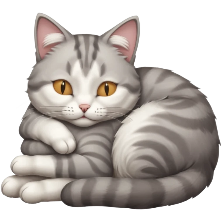 grey and white small cat with its eyes closed lying down leaning on his elbow with his paw curled under his head holding it up emoji