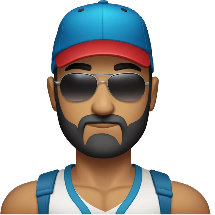 Bald Mexican young man with round face a dark beard baseball cap and dark cool sunglasses looking tough huge muscles emoji