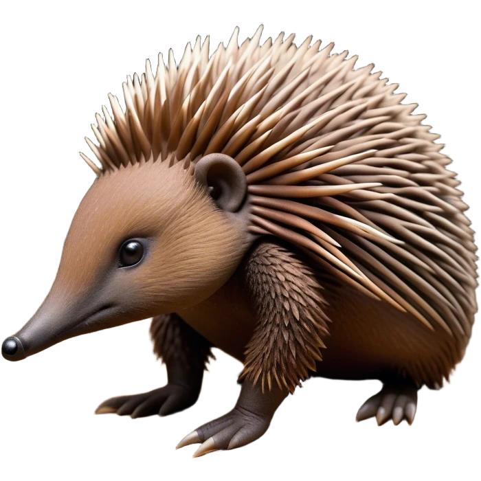 Cinematic Noble Echidna Portrait Emoji, Poised and regal, with a compact, spiky build and a textured, bristly fur in earthy browns, a distinctive pointed snout and keen, soulful eyes, Simplified yet sharp and sophisticated features, highly detailed, glowing with a warm, dignified glow, high shine, intelligent and resilient, stylized with an air of prickly elegance, focused and attentive, soft glowing outline, capturing the essence of a watchful and confident echidna, so majestic it feels as though it could scurry out of the screen with effortless authority! emoji