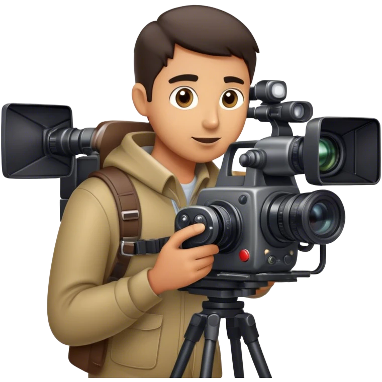 A cameraman holding a professional camera, capturing footage with a focused expression, moving carefully to get the perfect shot, surrounded by equipment and lights on a film set emoji