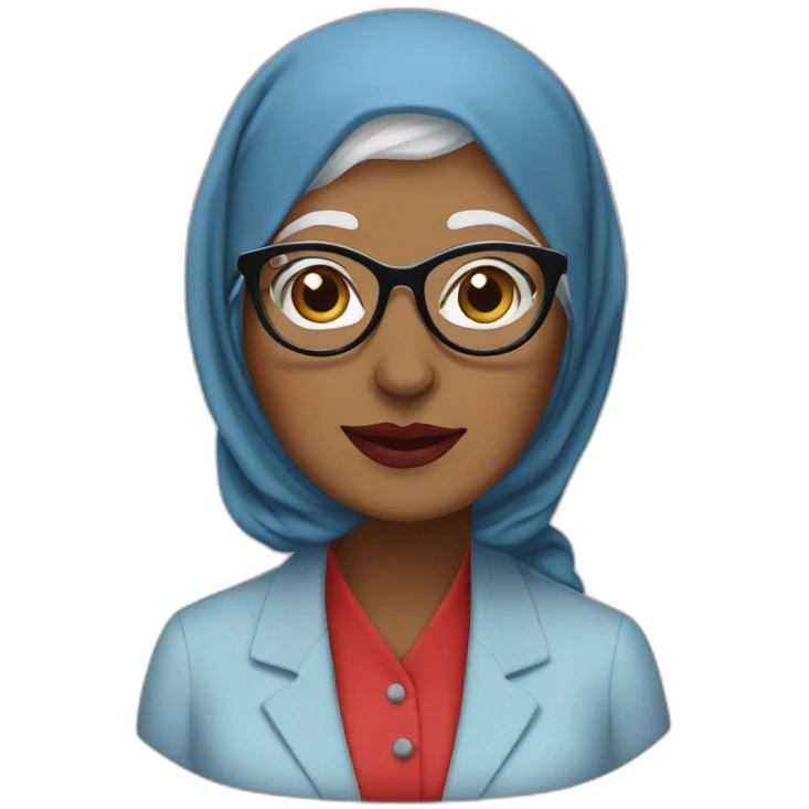 Hijabi white grandma with glasses and brown eyes wearing a blue suit and red lipstick emoji