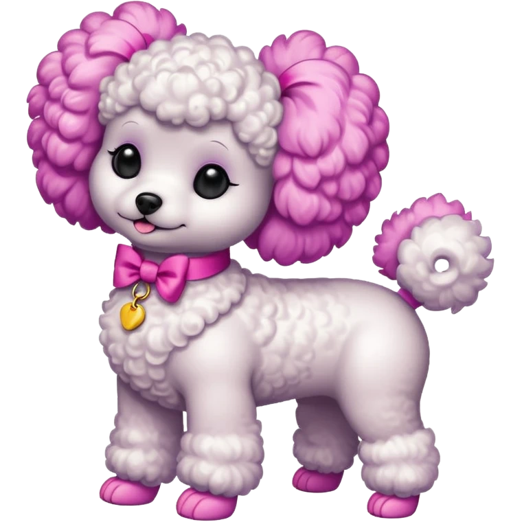 Two white toy poodle–style dogs, fluffy curly fur, round faces, black button eyes. Bright purple ears, hot-pink paws. One taller dog standing upright on hind legs wearing a large pastel pink bow on chest, one smaller round dog sitting. Cute plush emoji style. emoji