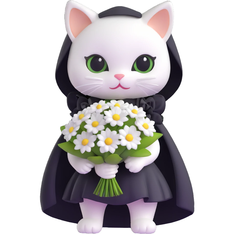 white baby cat with a black mini dress and black veil, holding a small bouquet emoji