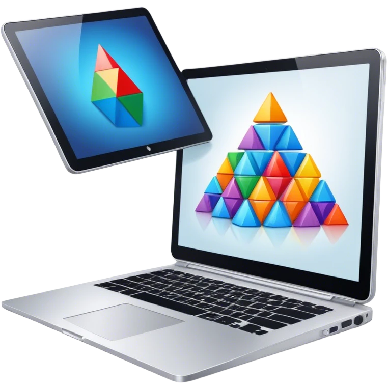 Professional icon for Graphic Design: a laptop with Photoshop open on the screen, displaying geometric shapes like spheres, cubes, and pyramids, along with a stylus. The icon should reflect the creative process in graphic design. Transparent background. emoji