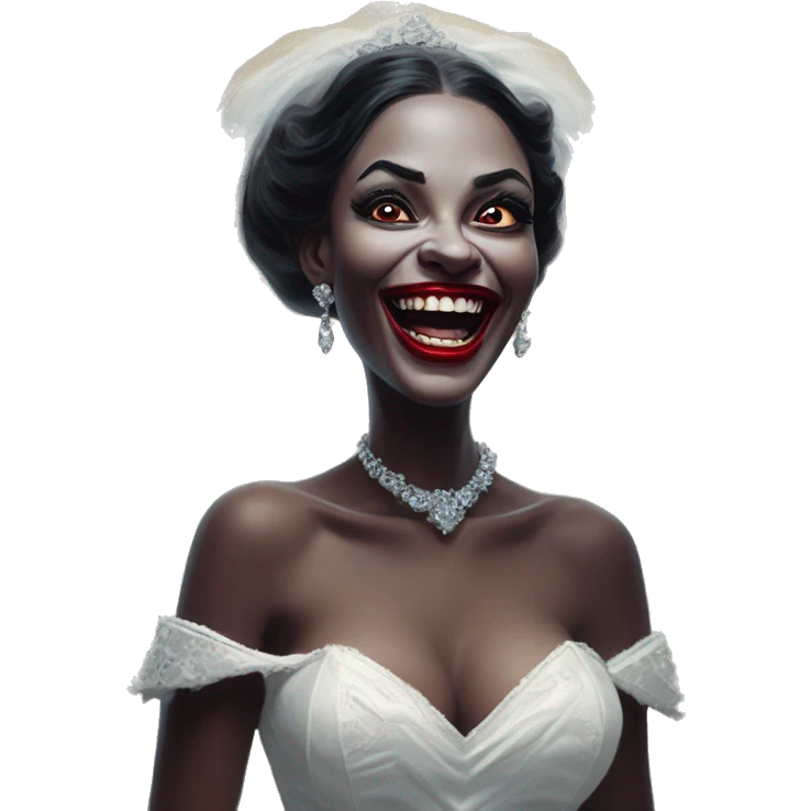 Laughing vampire bride in Uncle Scrooge style, oil paint, mysterious eyes, intricate lips, masterpiece pose, odd perspective, beautiful, desirable, logical emoji