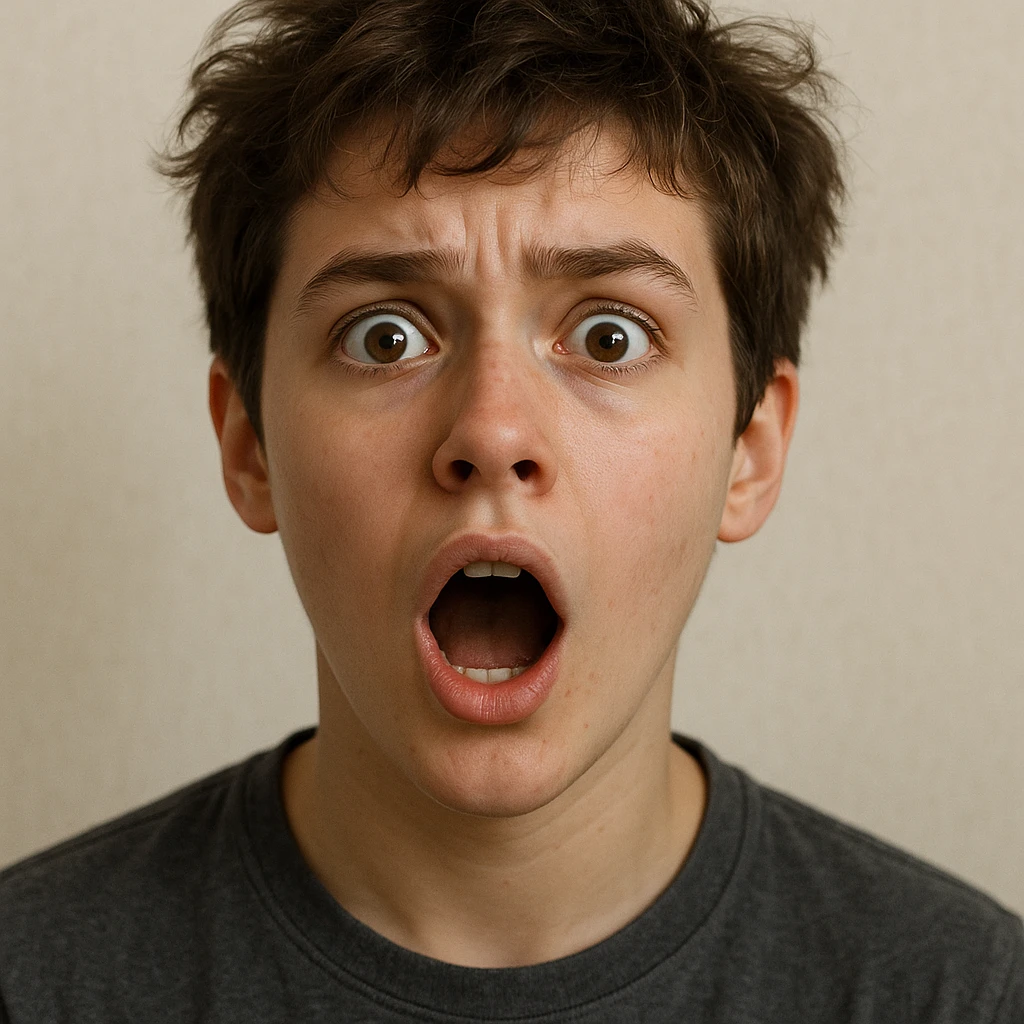 realistic portrait of a young person with short tousled brown hair, light skin, surprised expression, inspired by the reference image emoji
