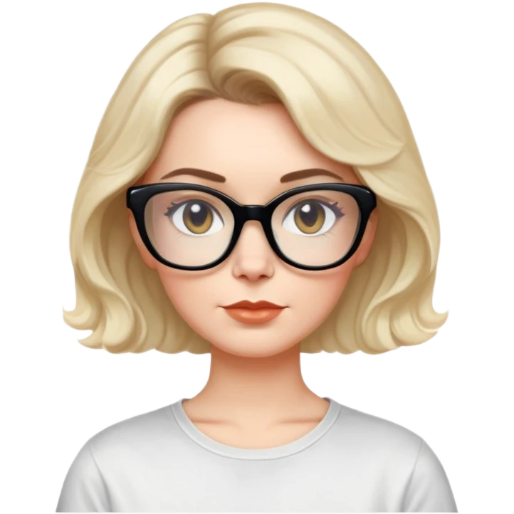 white woman about 50 years old with light warm skin, wide face, black wavy neck-length 80s short hair, low volume, neutral expression, large black shiny butterfly or cat-eye glasses, white casual t-shirt emoji