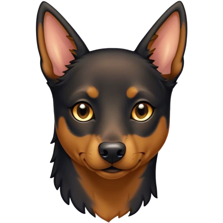 Cinematic Noble Black and Tan Kelpie Portrait Emoji, Poised and regal, with a strong, agile build and a glossy, well-groomed Fur of deep black and tan accents, piercing dark eyes, Simplified yet sharp and sophisticated features, highly detailed, glowing with a soft, dignified glow, high shine, intelligent and energetic, stylized with an air of determination, focused and attentive, soft glowing outline, capturing the essence of a watchful and confident herder, so majestic it feels as though it could bound out of the screen with effortless authority! emoji