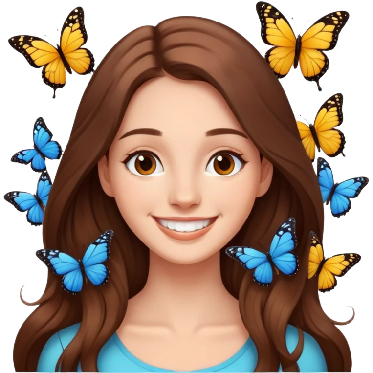Smiling Face surrounded by butterflies and long brown hair  emoji