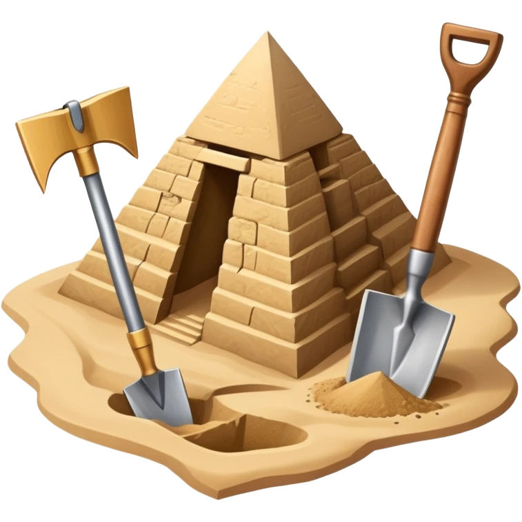 An icon showing archaeological tools like a trowel, brush, and pickaxe placed on sandy ground, with an Egyptian pyramid in the background. The design symbolizes excavation and discovery of ancient history, blending tools and iconic landmarks. Transparent background. emoji