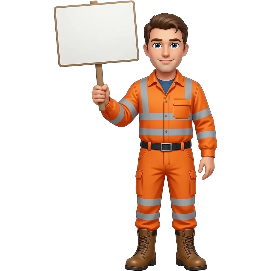 man standing in ankle boots and orange hi-vis overalls with sleeves holding a sign emoji