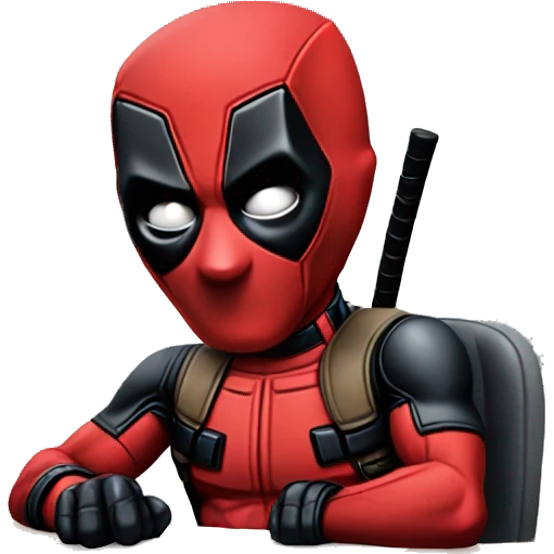 Cute Deadpool sitting at a desk, front view emoji