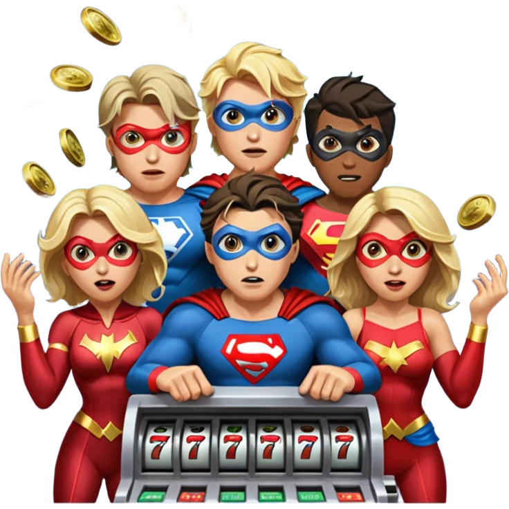 disheveled super heros losing money at a slot machine, panicked face, coins flying emoji