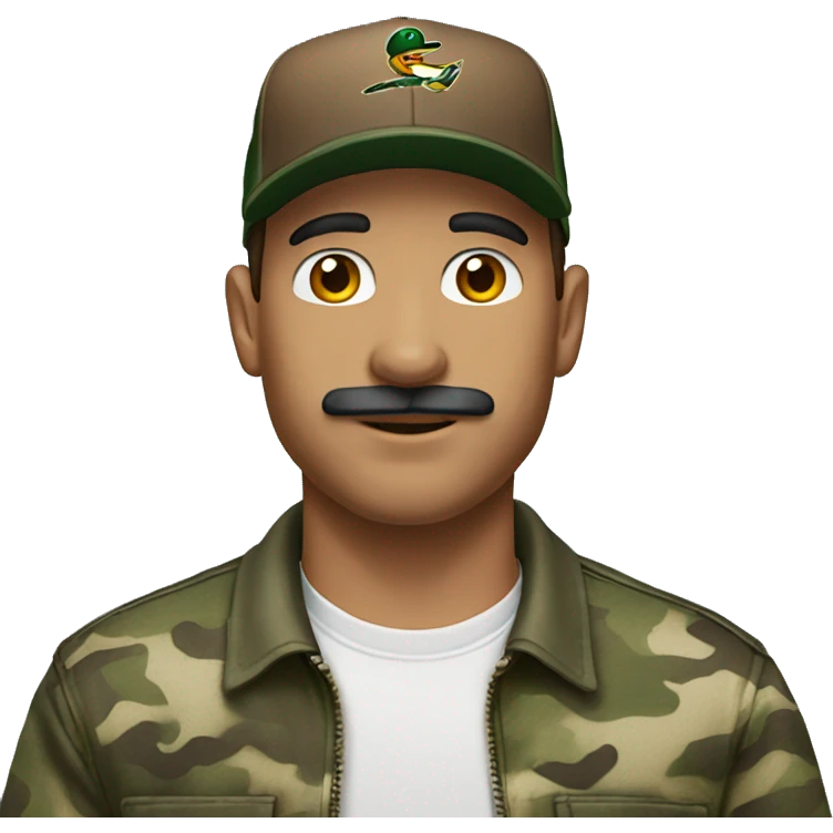 Man with brown hair, brown thin mustache, with a baseball hat on and duck camo shirt emoji