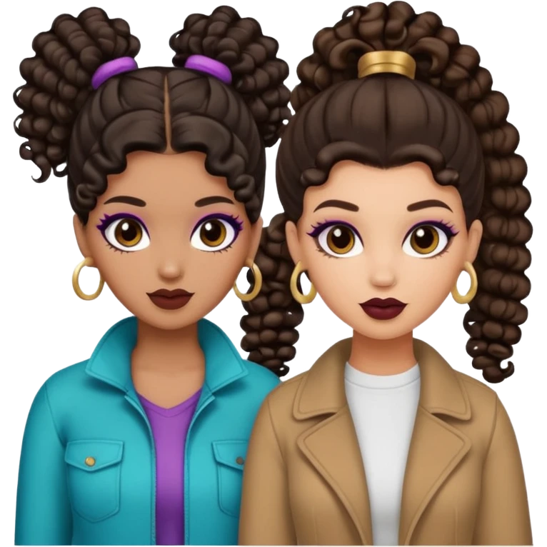 Boujy baddie best friends, trendy heavy makeup both dark hair one light skinned and one mocha brown with curls and one with ponytail emoji