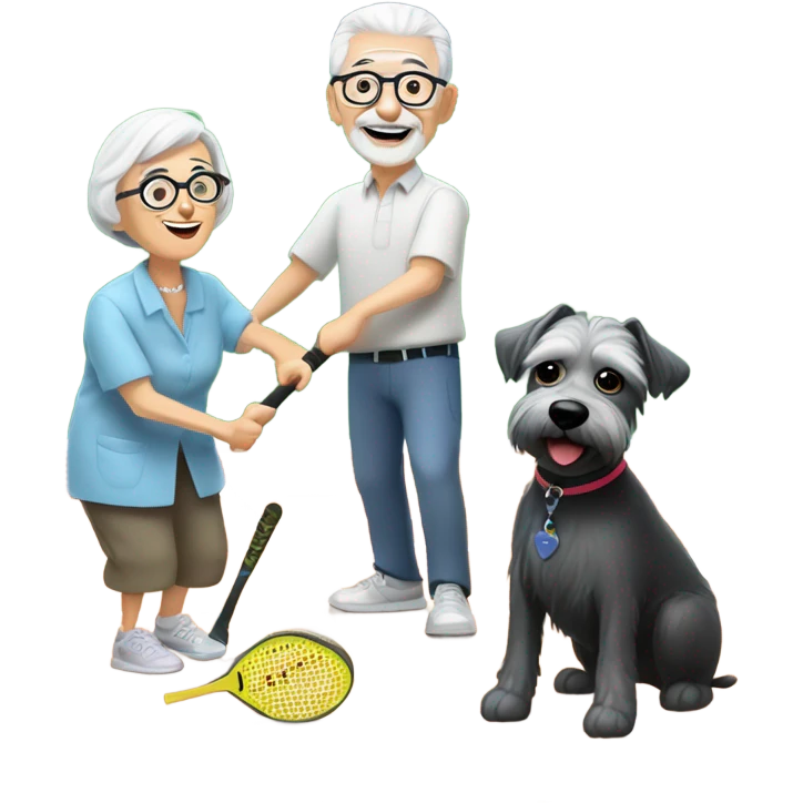 A small grandma with short grey hair and glasses, and a thin grandpa with a short white beard and glasses, playing pickle ball with their small black and white schnauzer puppy emoji