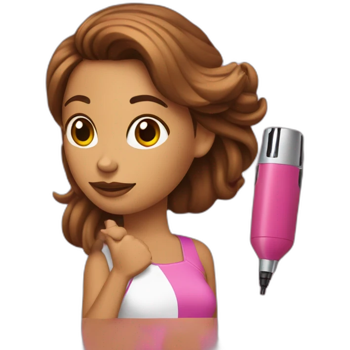 Chica con piel bronceada y pelo marron y una computadora de apple rosa emoji