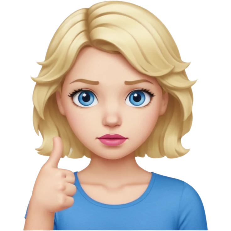 Girl Blonde short wavy hair,  blue eyes, cute blue top, long lashes, pink lips, showing thumbs down 👎  emoji