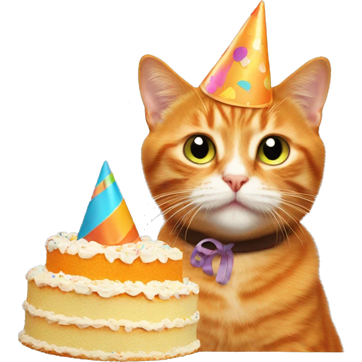 Orange cat with party hat and cake emoji