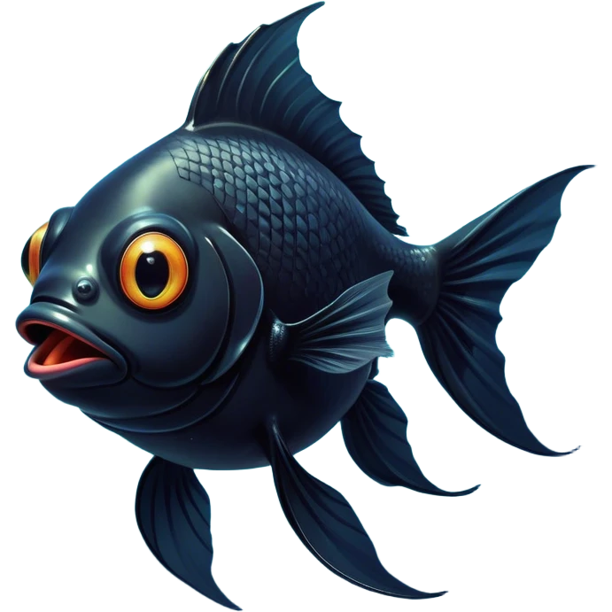 Cinematic Comical Black Goldfish Portrait Emoji, Head tilted dramatically with an exaggeratedly amused expression, featuring a striking, glossy deep black body with vibrant, fluttering fins, wide, expressive golden eyes filled with playful disbelief, Simplified yet hilariously expressive features, highly detailed, glowing with a slightly sassy glow, high shine, dramatic yet playful, stylized with an air of cheeky mischief, bright and endearing, soft glowing outline, capturing the essence of a spirited and over-the-top goldfish, so meme-worthy it feels like it could side-eye its way into internet fame instantly! emoji