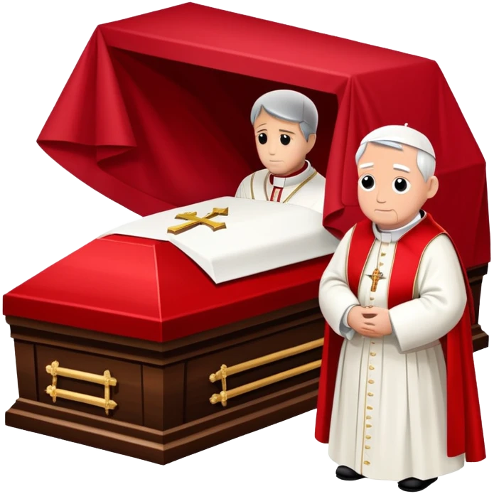 A solemn papal funeral with St. Peter's Basilica, a coffin draped with red cloth, and clergy in ceremonial attire emoji