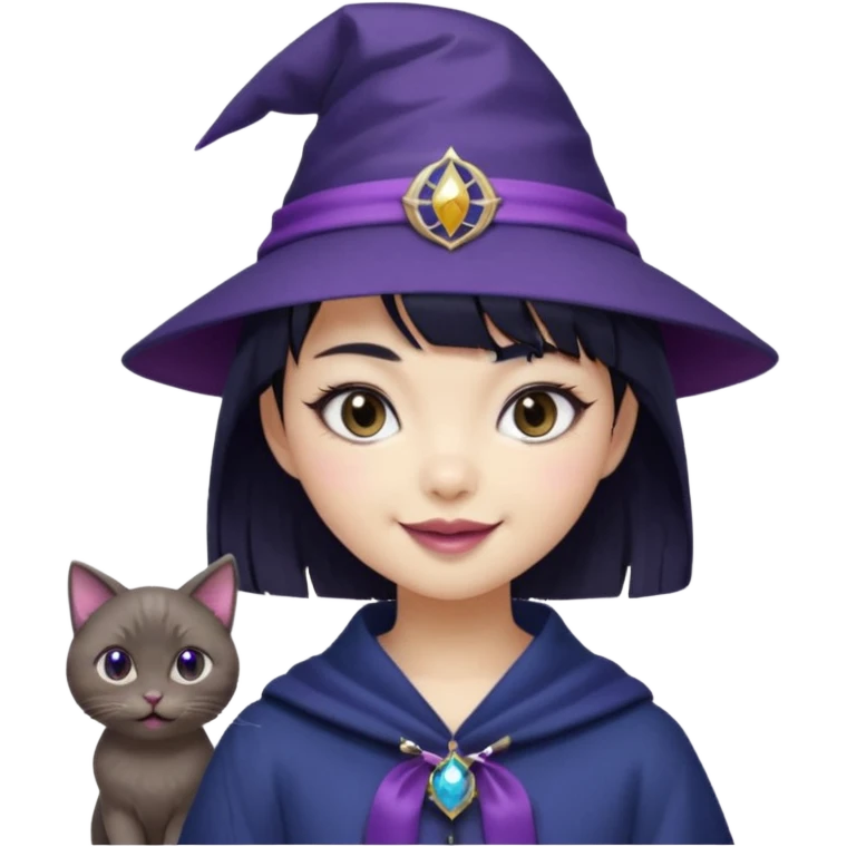 An Asian short-haired girl with short raven hair and bangs, with heterochromia eyes(her left eye is silver coloured and her right eye is dark brown coloured), cat-eyed eyeliner, and laughs with a tiny fang of mauve-toned lipstick, wears a dark navy wizard hat with an emblem on it. emoji