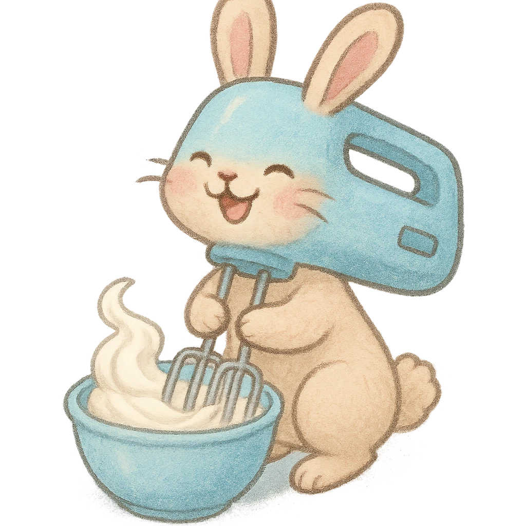 hand mixer rabbit, soft fluffy, spinning cream, joyful expression, soft pastel blue, full-body emoji