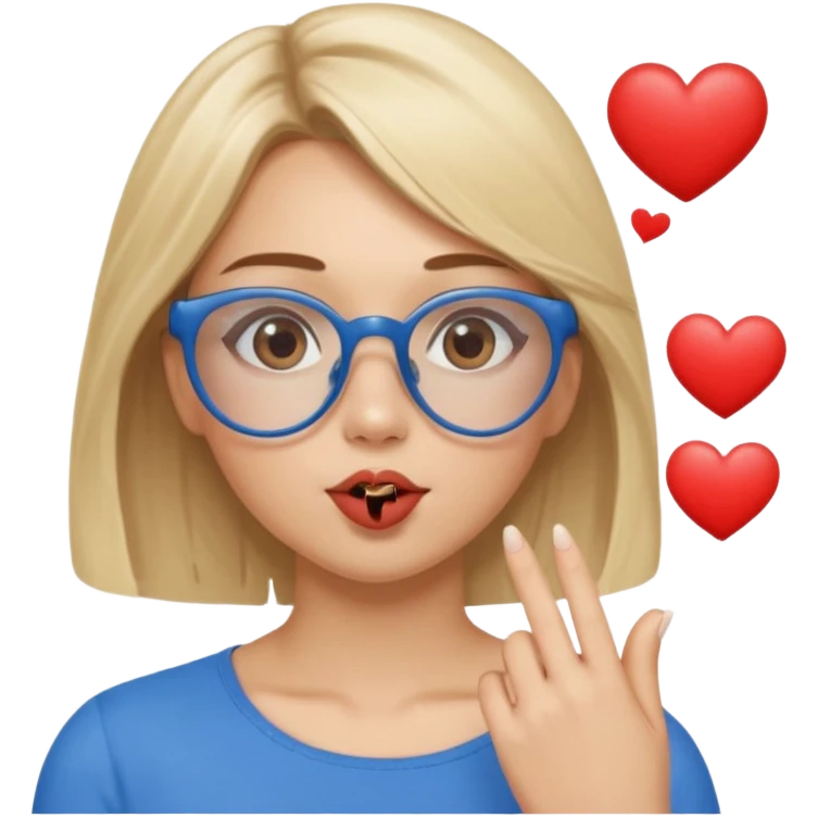Asthectic Blonde women with brown eyes, blue glasses, waering a brown top, blowing a kiss with hearts around her. emoji