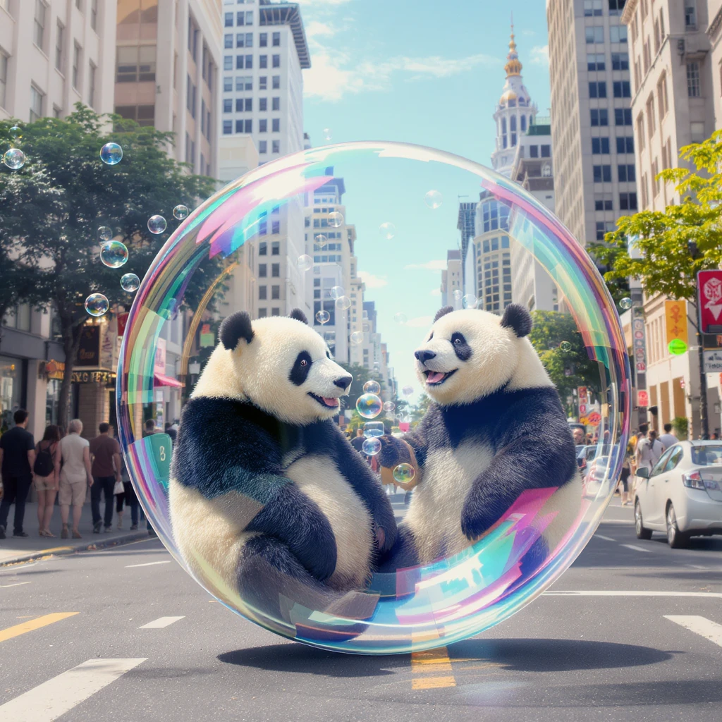 Cinematic still pandas bears sitting inside bubbles flying around San Francisco downtown, sunny summer day, happy vibe, colorfull surround emoji