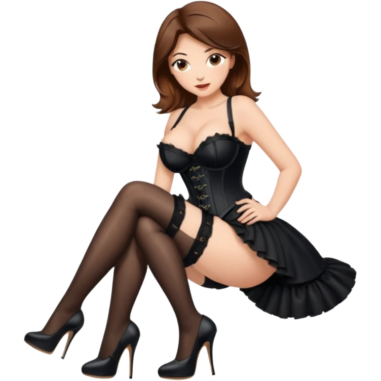 brown hair woman with very big boobs wearing stockings on her legs a corset and high heels no panties emoji