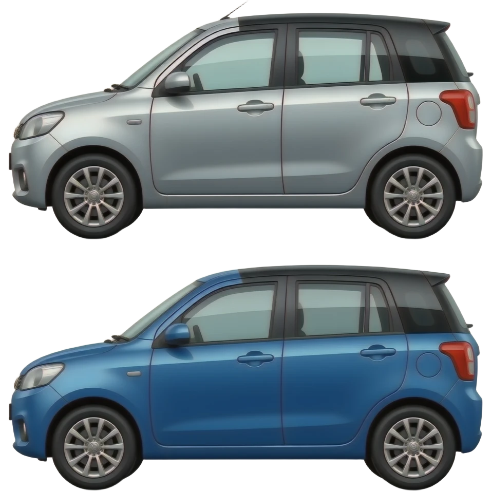silver&top black  maruti suzuki victoris and  blue &top black maruti suzuki victoris . make both of them  (silver and blue one) ) above their windows height  are black color (half top black). make sure cars are facing each other. emoji