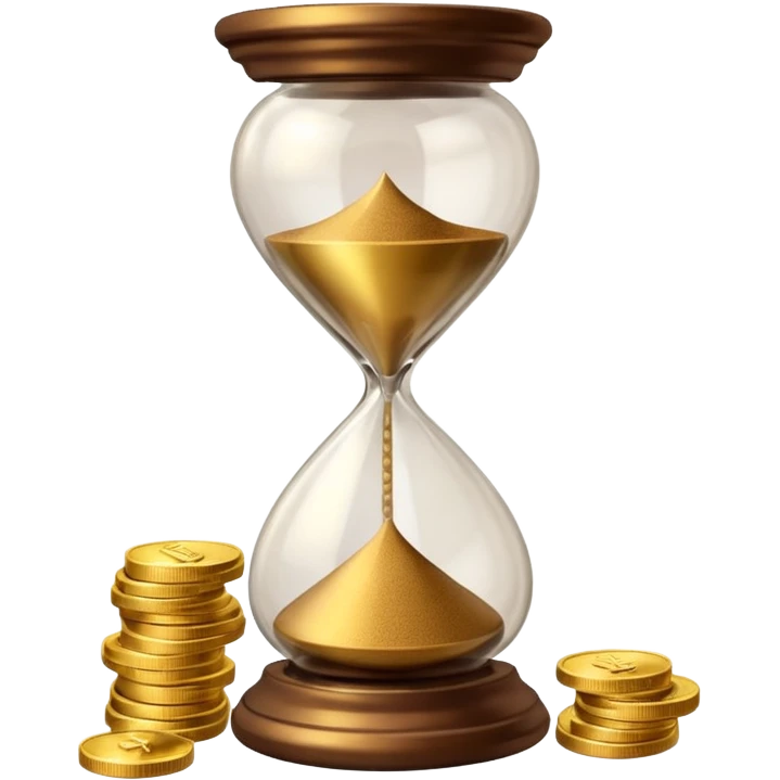 Realistic 3D render of a stack of shiny gold coins with brown hourglass beside it. The hourglass has transparent glass with dark golden-brown sand flowing inside and warm brown top and base. Soft lighting, clean white background, smooth shadows, high detail, symbolizing time and wealth. emoji