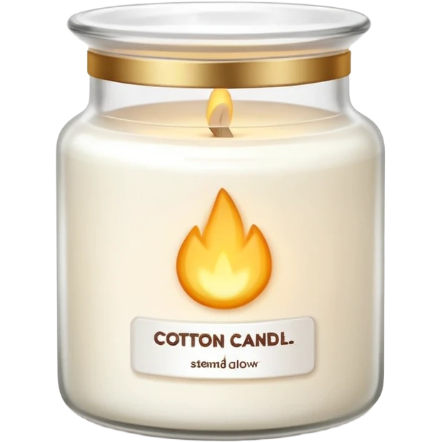 minimal flat emoji of a white scented candle in a glossy white glass jar with the label “cotton”, soft warm glow, clean vector style, elegant and modern, transparent background lux style emoji