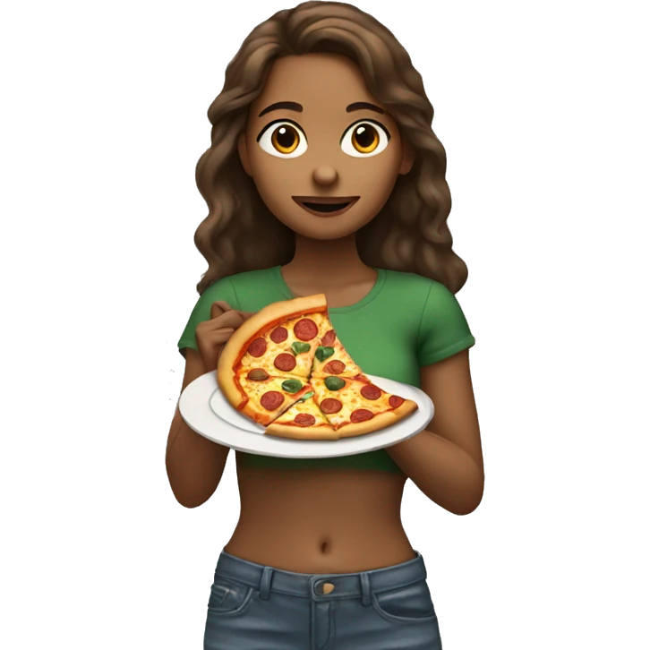 A real brown-haired girl eats pizza emoji