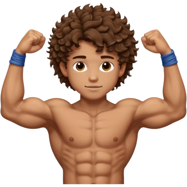 muscular teen boy with veiny hands arms and biceps. has messy curly hair with tan skintone emoji