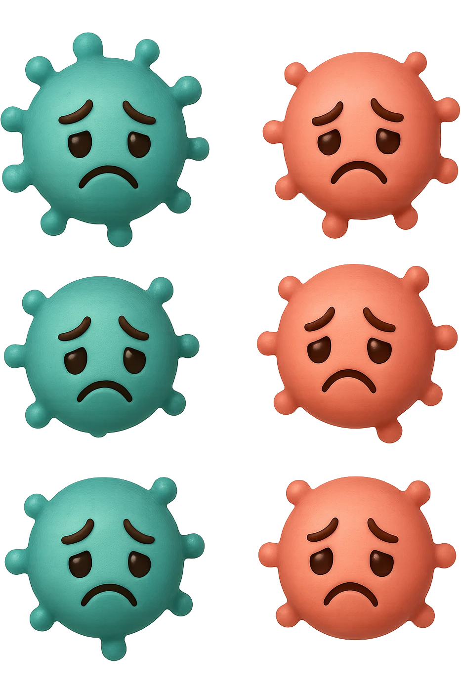 EMOJI STILE IPHONE DI 3 BATTERI INTESTINALI turchesi tristi e 3 batteri intestinali rosa salmone tristi CHE FLUTTUANO IN ARIA IPERREALISTICO 4K emoji