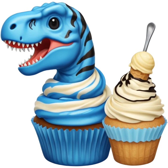 A cupcake having blue and black icing and a dinosaur as a decoration and ice cream next to it emoji