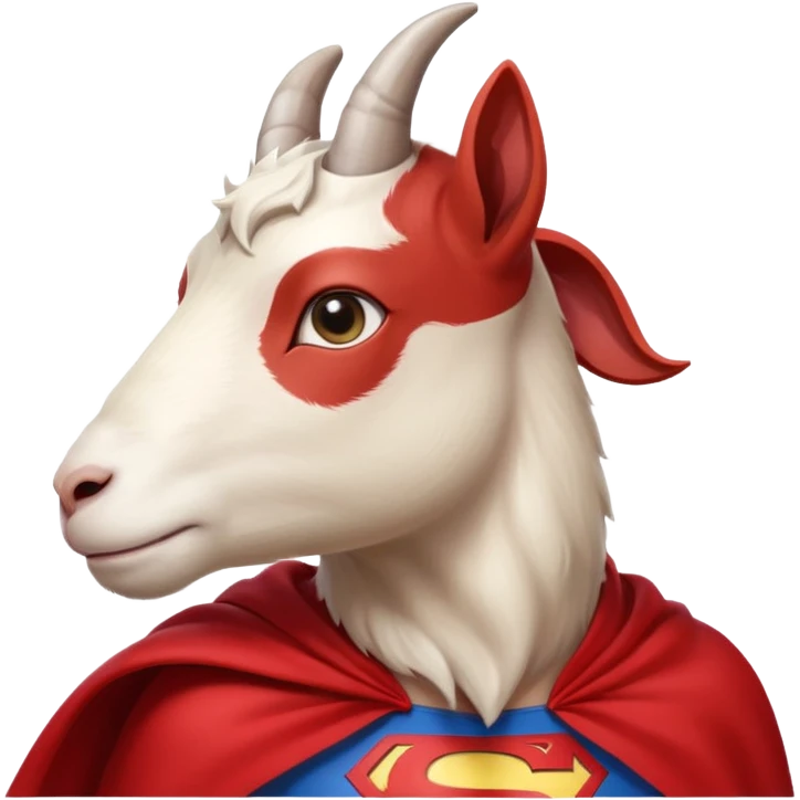 side view of white female goat wearing a read cape like superman emoji