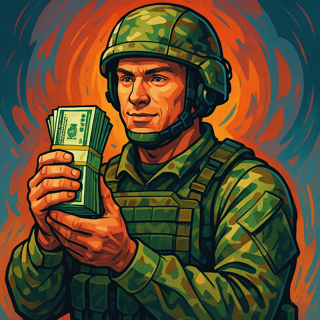a soldier holding a stack of money, modern illustration style, detailed, vibrant colors emoji