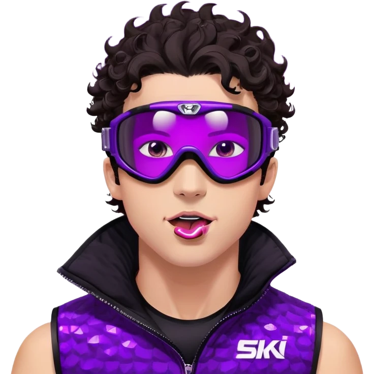 close-up of cool guy male athlete with white skin and moderately curly dark brown hair on top with shaved sides, with one purple ski goggle lens pushed up above his eyes on his forehead, sticking his tongue out of his mouth, a simple plain black chain necklace, and a completely unzipped sleeveless vest with purple and black sequin fire pattern design with no logo emoji