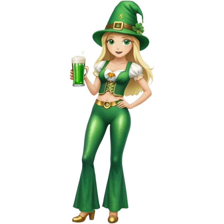 Blonde haired girl in glittery green bell bottoms and tall leprechaun hat holding a green beer emoji
