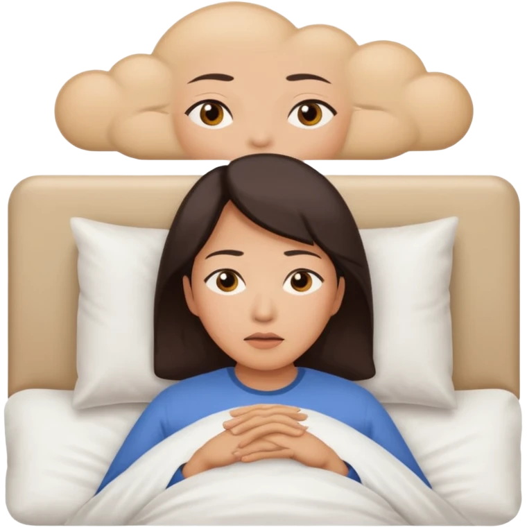 A middle-aged Asian woman lying in bed, unable to sleep emoji