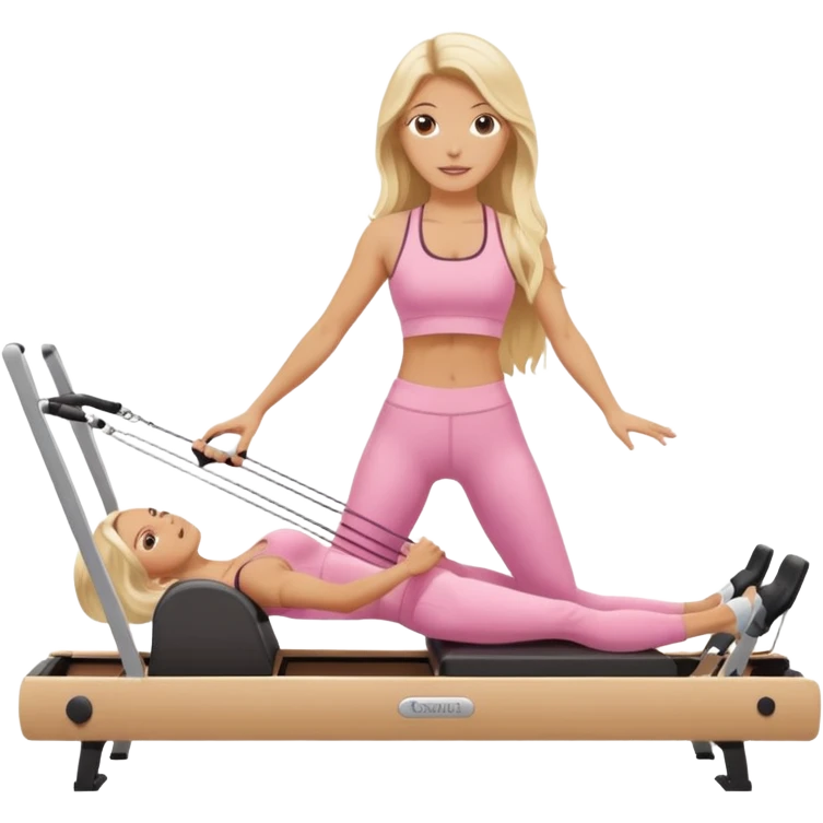 long haired blonde pilates instructor teaching reformer in pink set beige reformer emoji