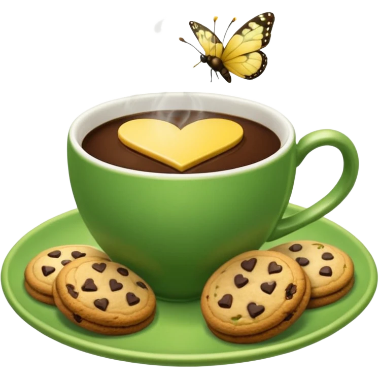 A green coffee cup, steaming in a heart shape, has a yellow butterfly print on it. The cup sits on a green saucer surrounded by cookies. emoji