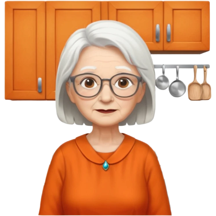 OLD LADY IN KITCHEN OUTFIT ORANGE DRESS, GLASSES. WHITE HAIR  emoji