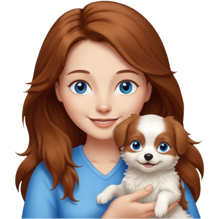 long hair chestnut color blue eyes woman holding small just white dog emoji