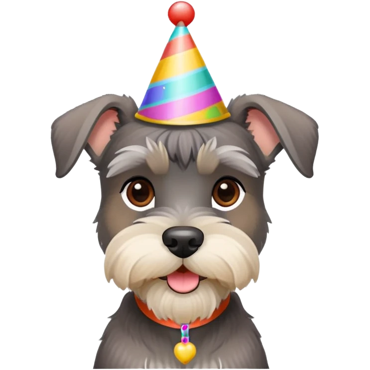 A schnauzer dog wearing a colorful birthday hat emoji