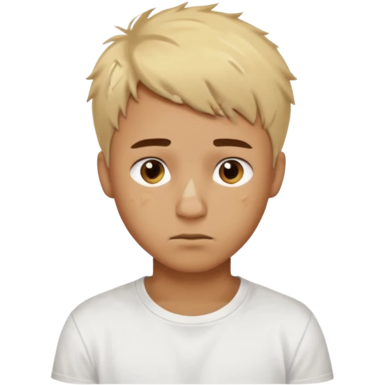 Male with short, messy blonde hair, large expressive golden-brown eyes, brown skin color, scar over nose, wearing a plain white t-shirt. emoji