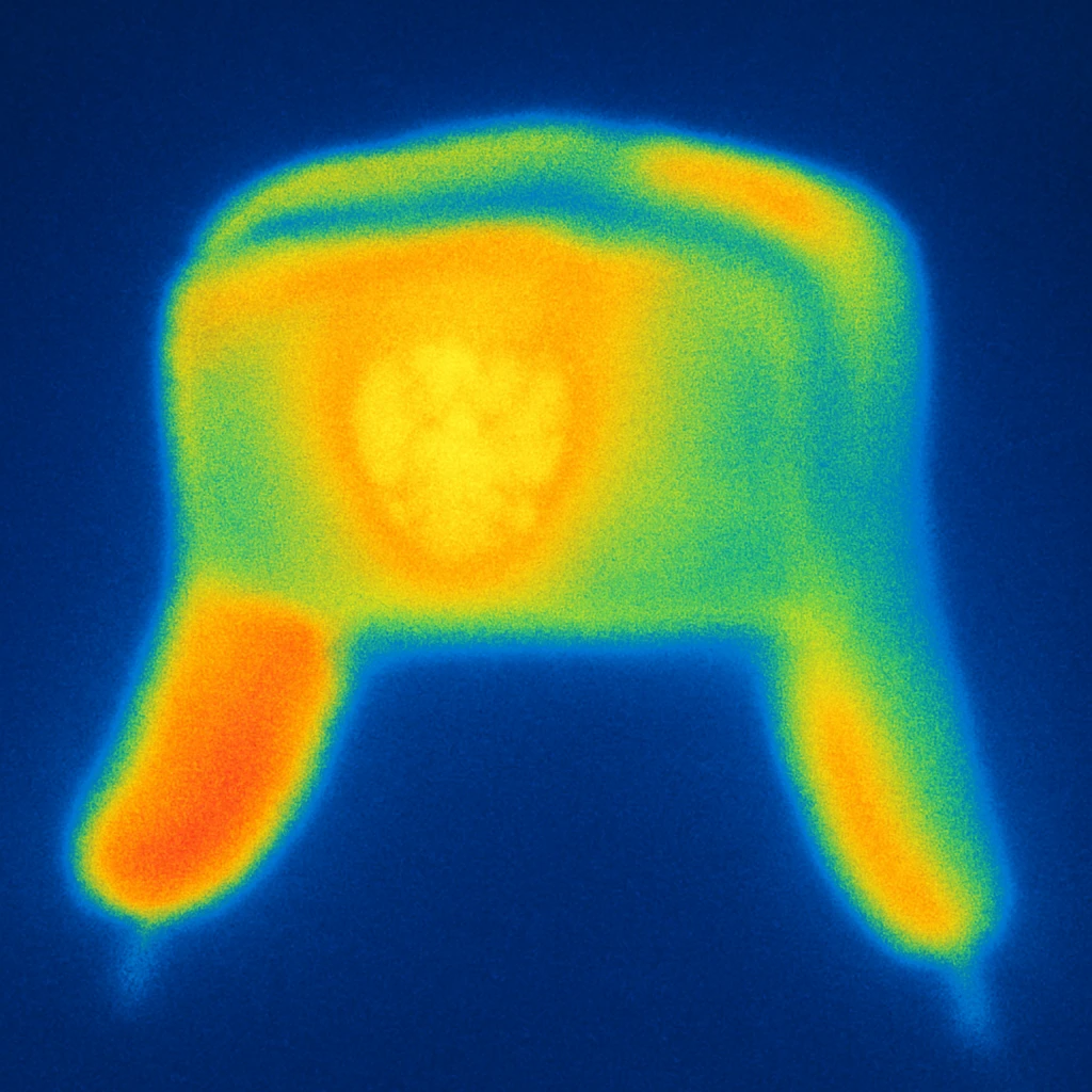 Russian hat ushank with the small coat of arms of Russia, with background, thermal camera style emoji