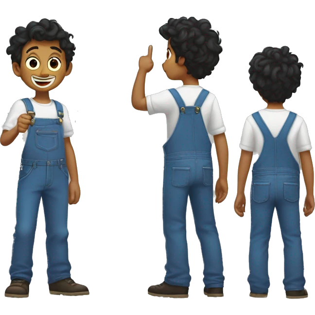 emoji of a boy from behind, pointing to the sky, white shirt and blue overalls, wavy dark brom hair, emoji style, pixar style, simple style, emoji. emoji